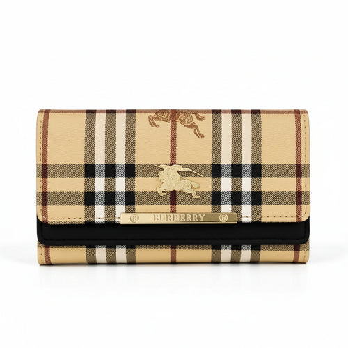 A Burberry wallet in the iconic beige, brown, and black check pattern, featuring a gold-tone metal plaque with the brand name and a gold equestrian logo on the front flap.