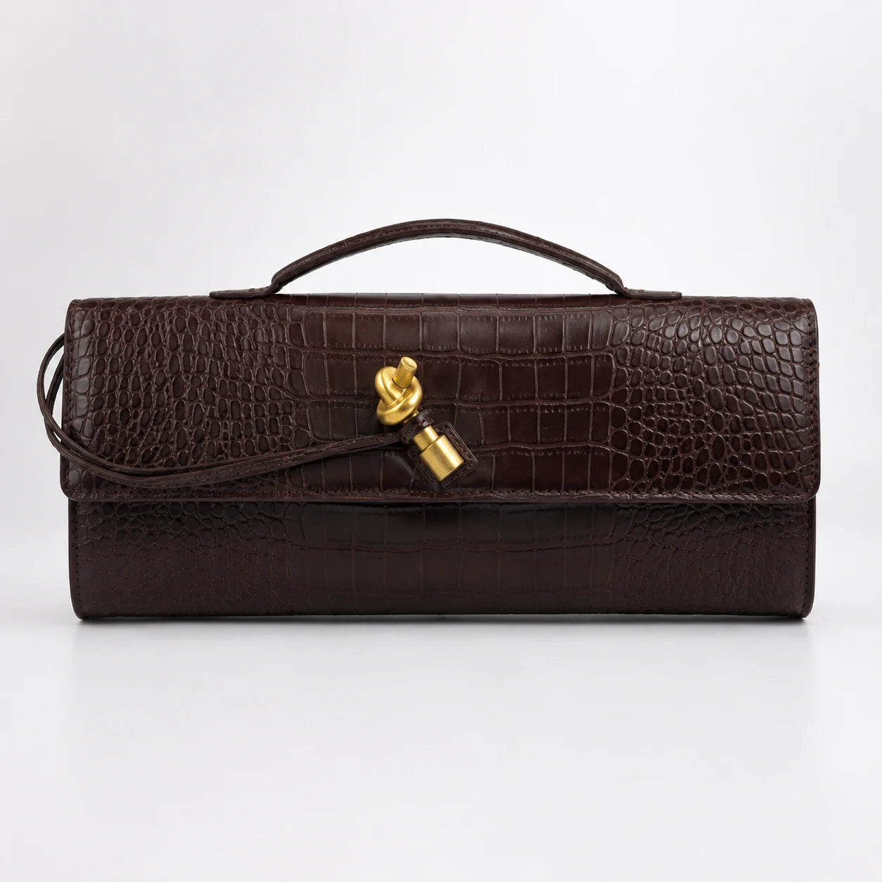 Croc Embossed Top Handle Clutch in Coffee