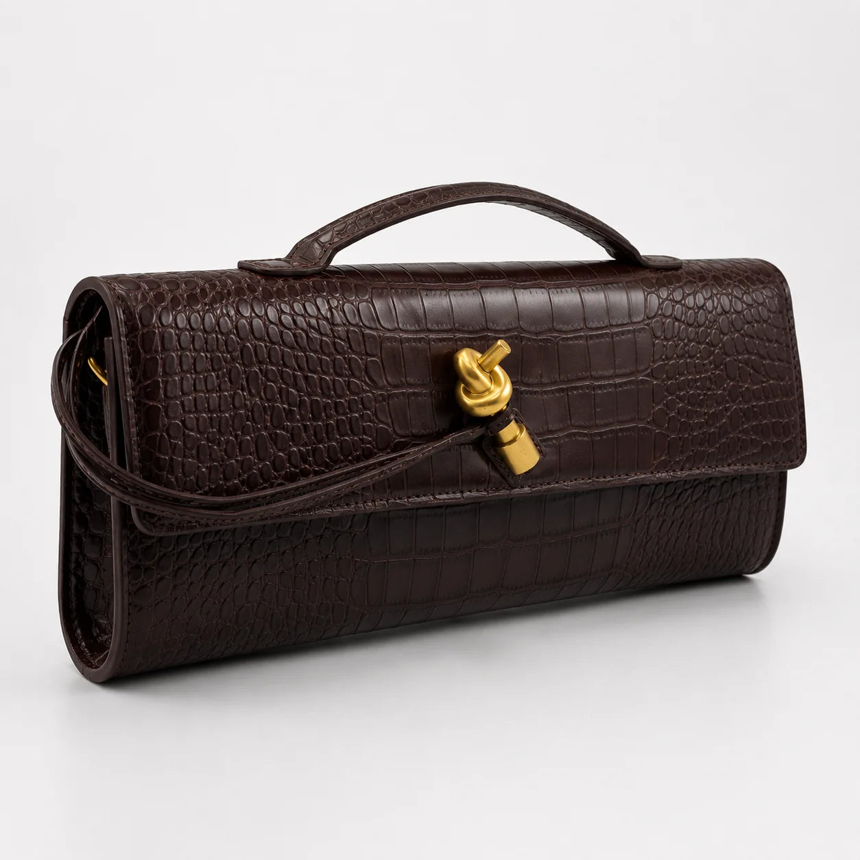 Croc Embossed Top Handle Clutch in Coffee
