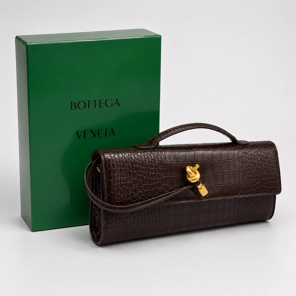 Croc Embossed Top Handle Clutch in Coffee