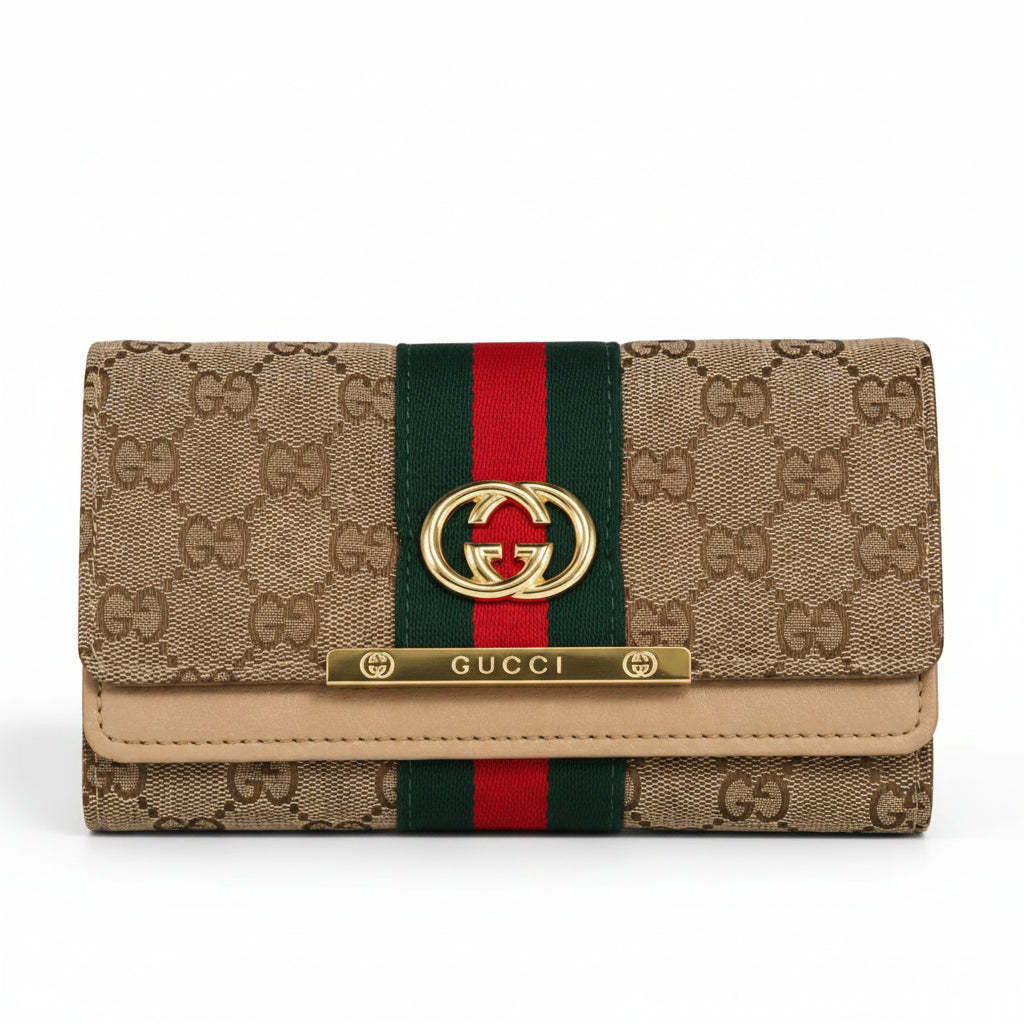 Gucci monogram canvas wallet in beige with a green and red web stripe, gold interlocking G logo, and a gold metal bar engraved with the brand name.