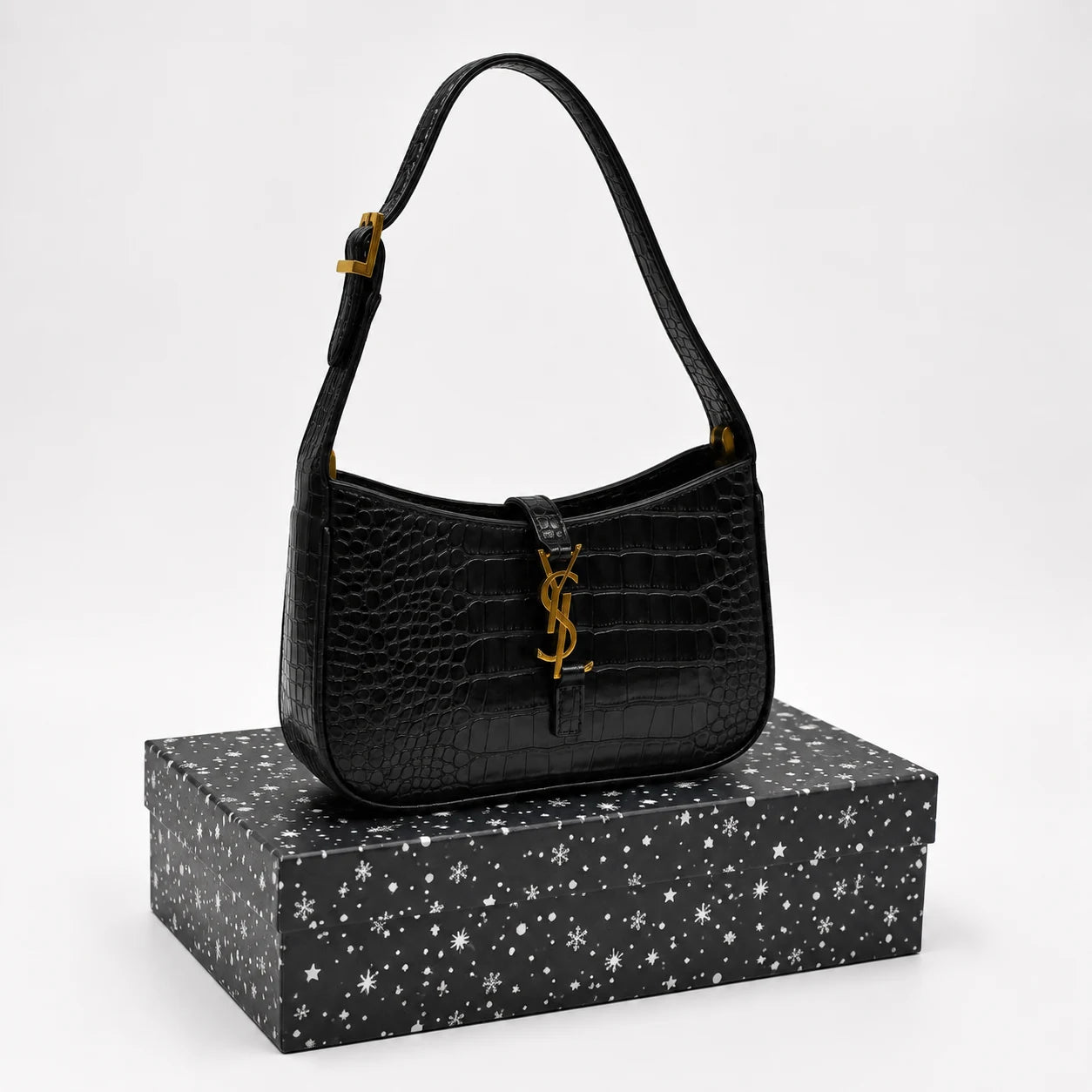 Luxury Black Croc Hobo Bag