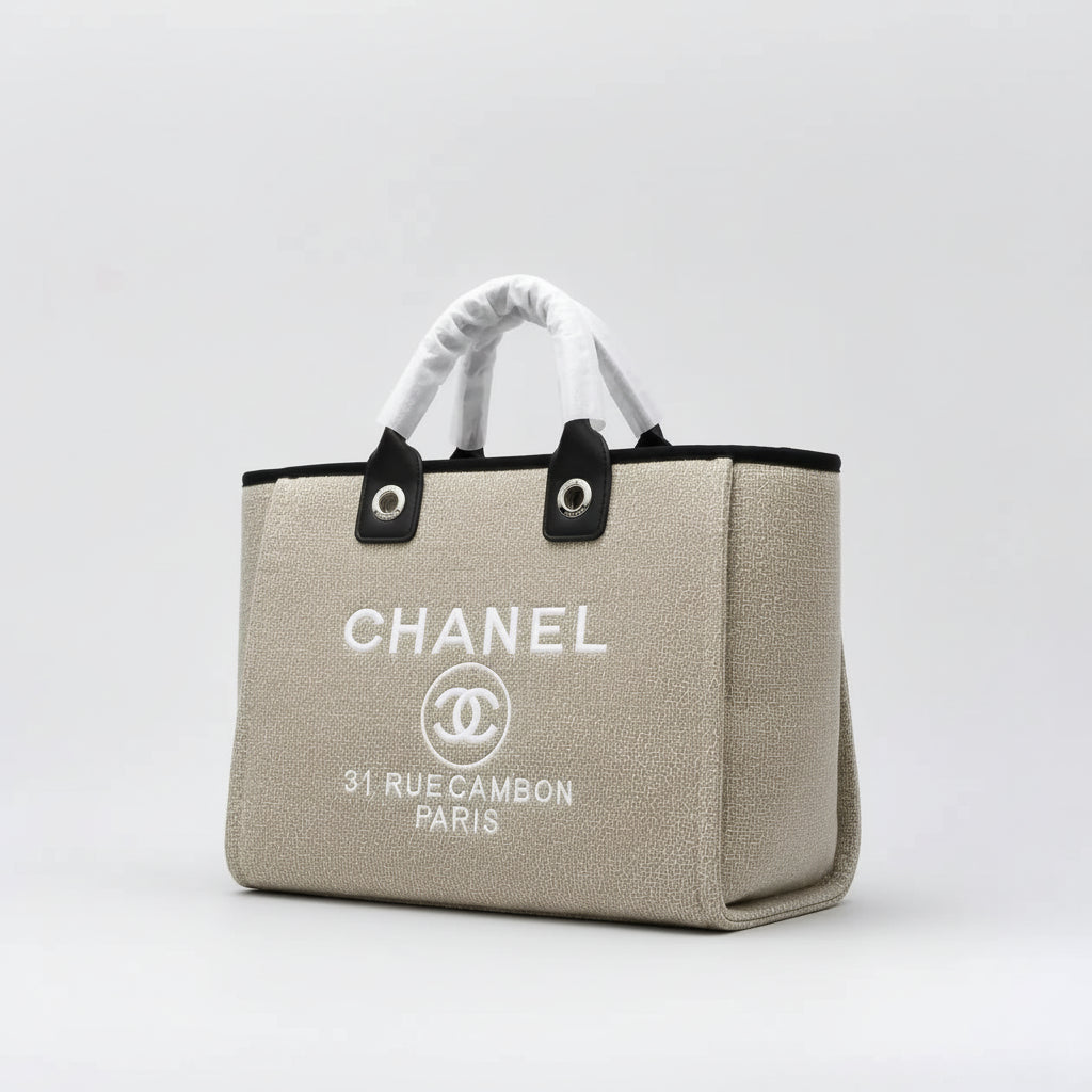 Chanel Large Canvas Tote Bag Beige Cambon