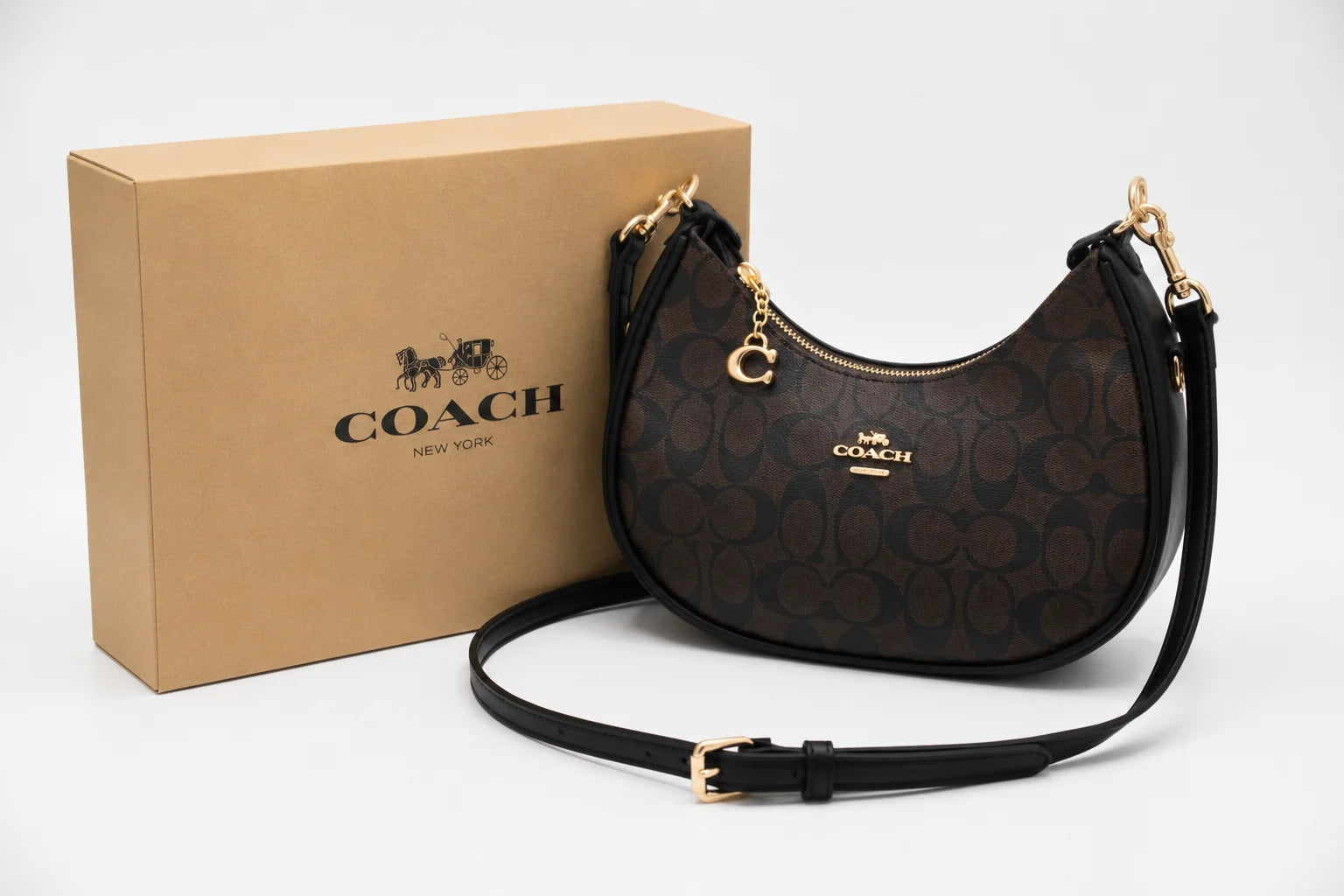 Coach Signature Crescent Moon Bag - Black Trim