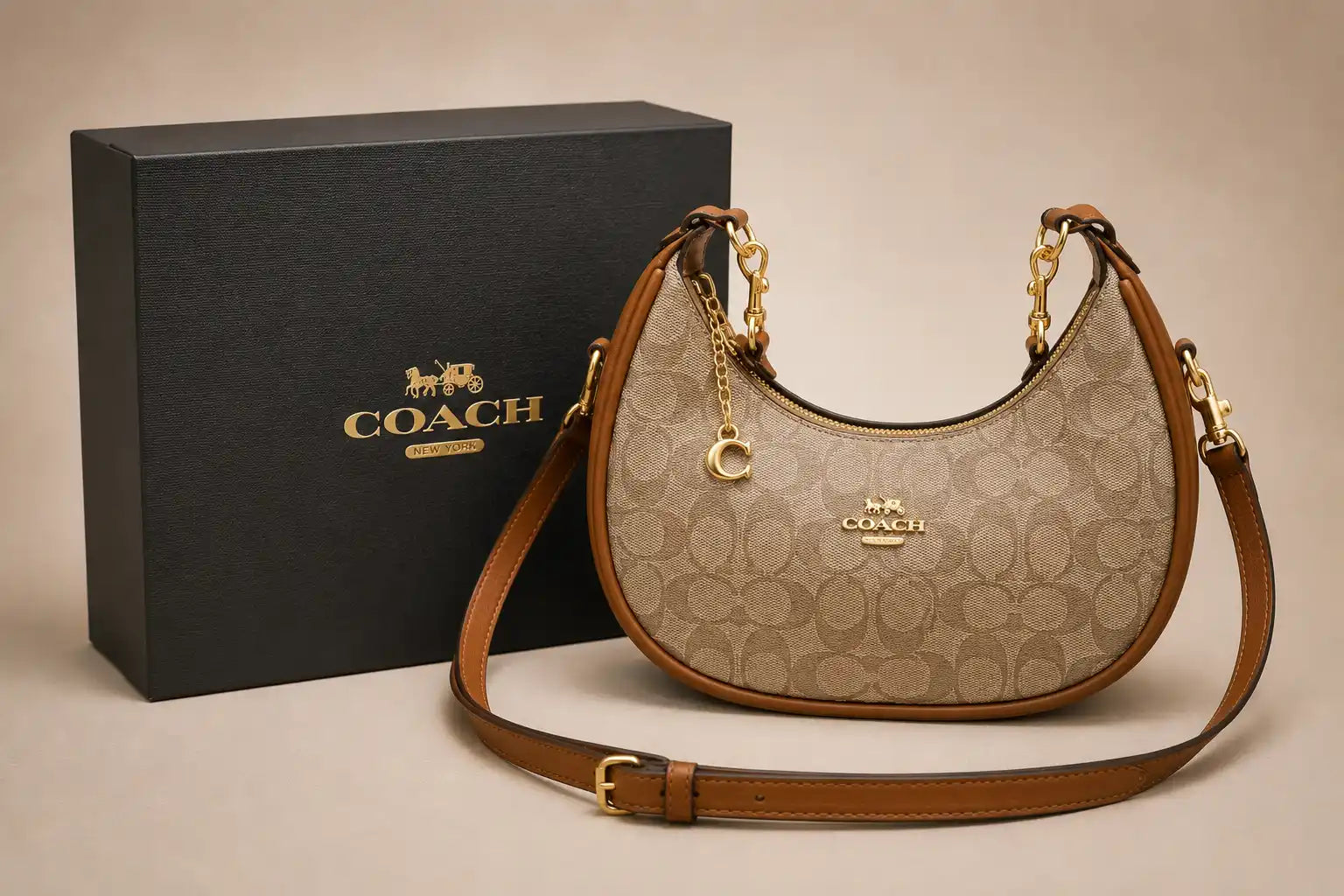 Coach Signature Crescent Moon Bag - Brown