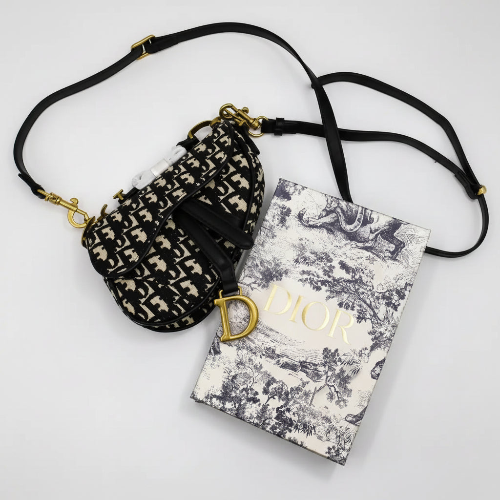 Dior Saddle Bag Jacquard - Beige And Black