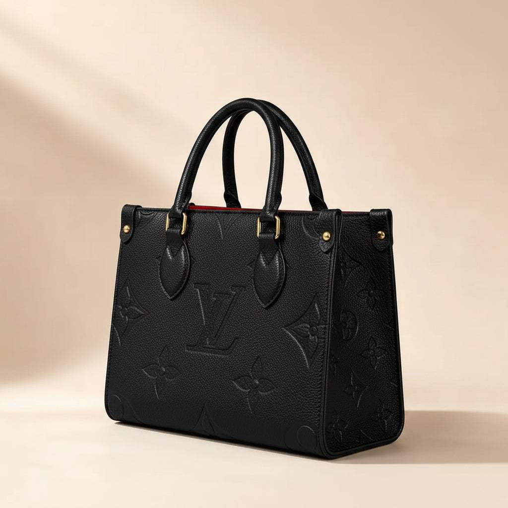 Black textured leather tote bag with embossed monogram and red interior lining