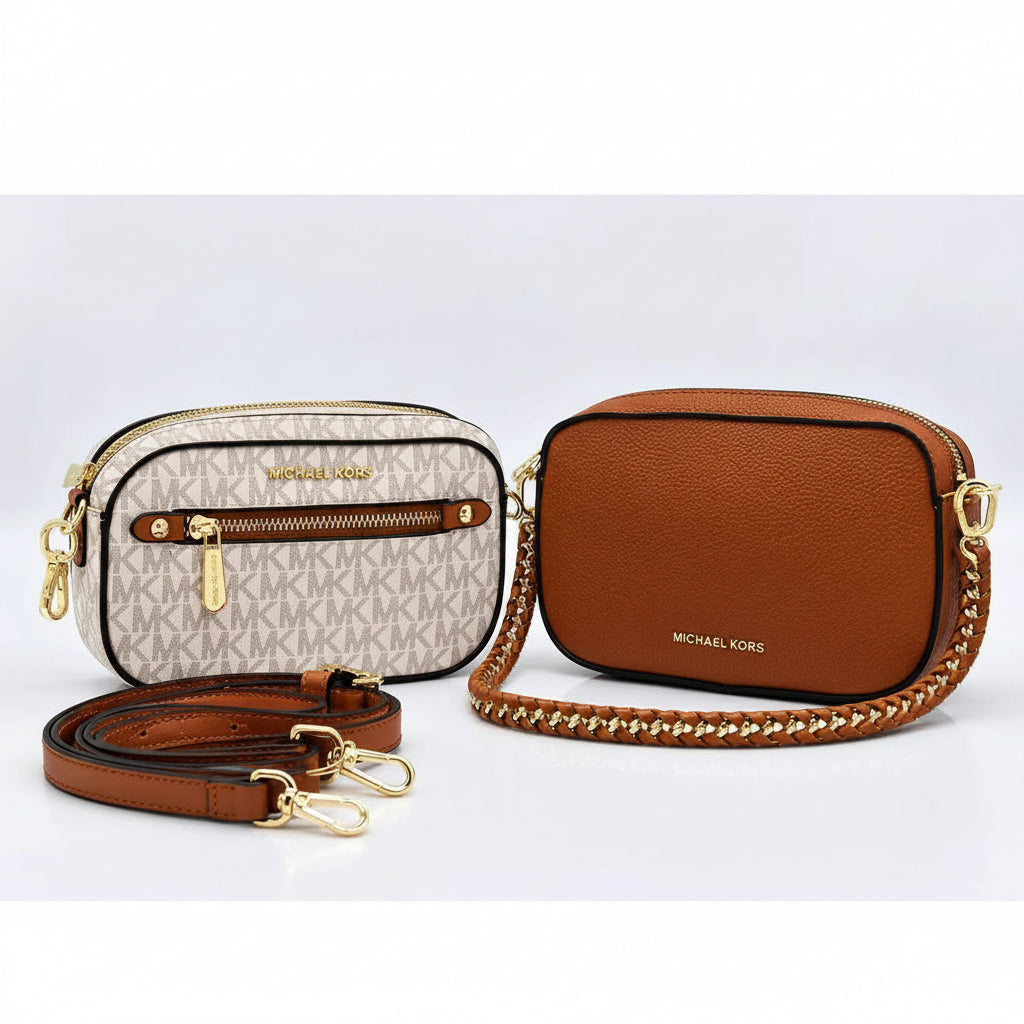 Two Michael Kors crossbody bags: one in signature logo print and one in brown leather.