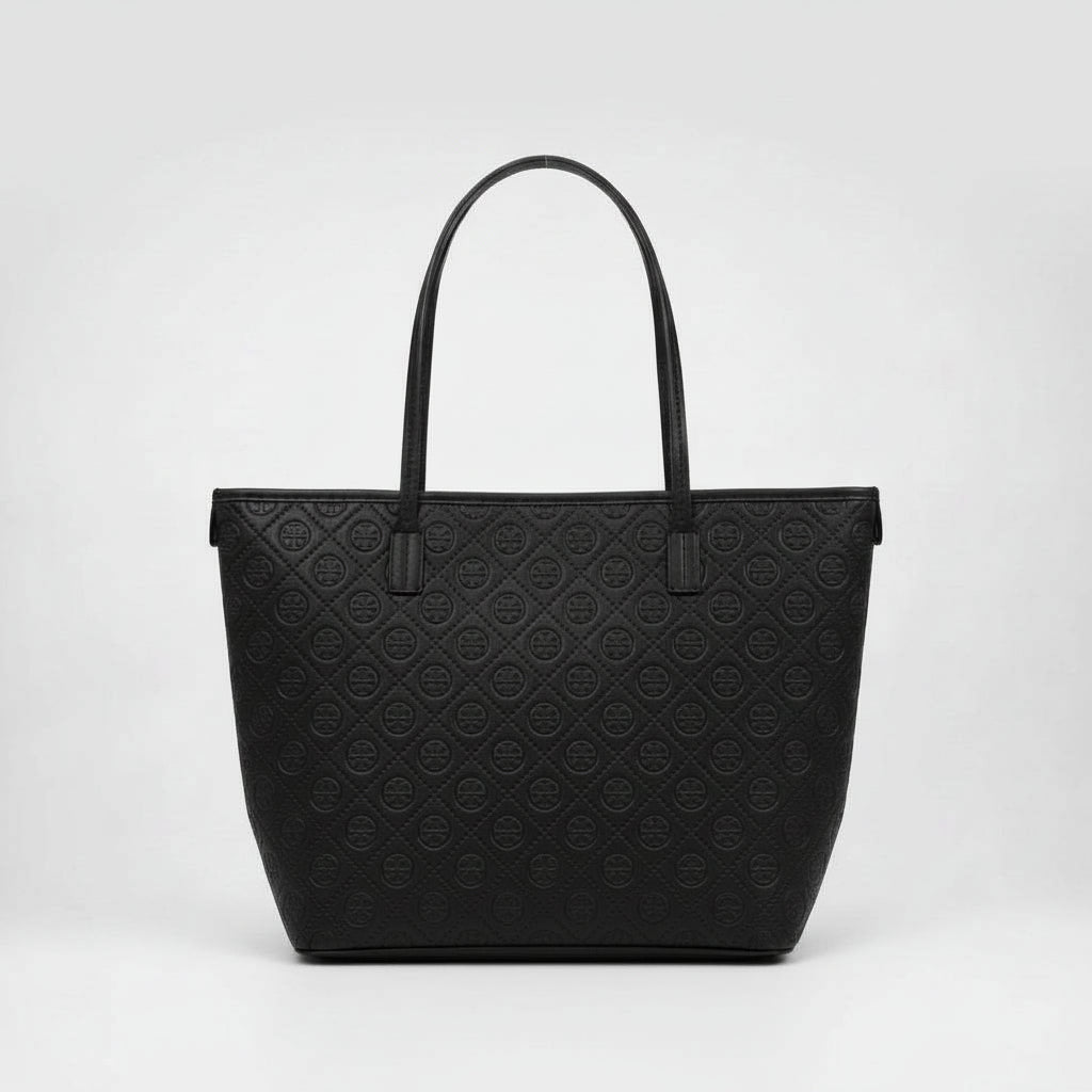 Black embossed tote bag for women with double shoulder handles on a white background