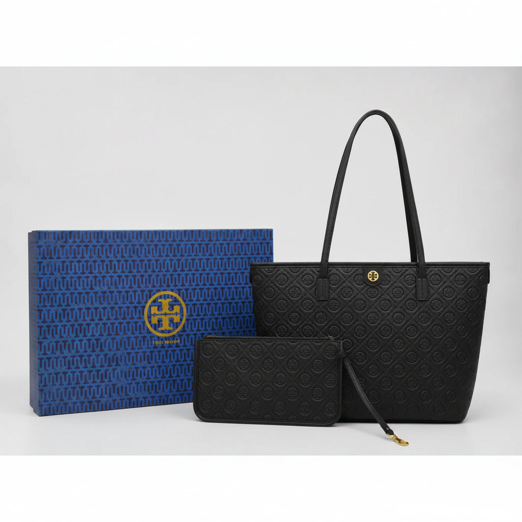 Tory Burch Black T Monogram With Matching Pouch - Black